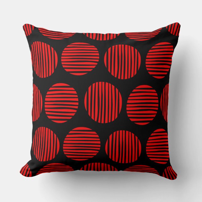 Lined Spots 190917 - Red on Black Throw Pillow (Front)