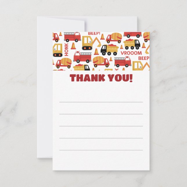 Lined Vroom Honk Beep! Trucks Thank You Card (Front)