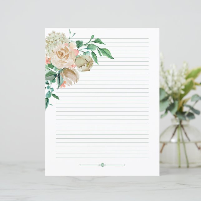 Lined writing paper - cream watercolor roses (Standing Front)