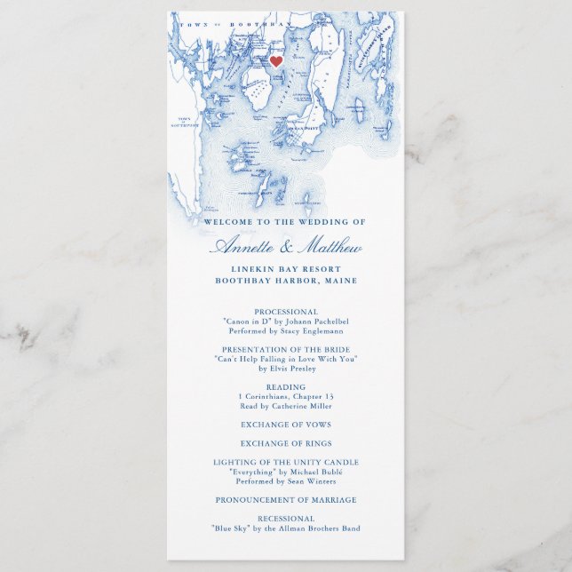 Linekin Bay Resort Maine Elegant Navy Blue Wedding Program (Front)