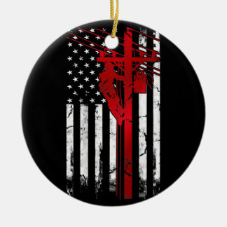 Lineman American Flag Electric Cable Lineman Ceramic Ornament