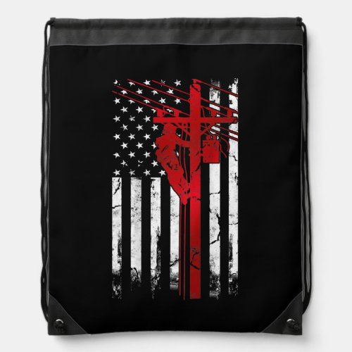 Lineman American Flag Electric Cable Lineman Drawstring Bag