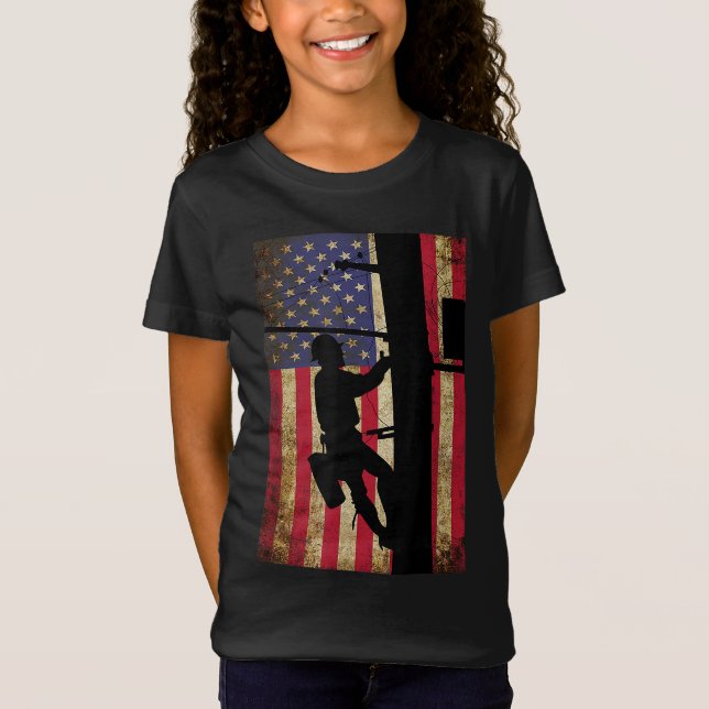 Lineman American Flag Electric Cable Lineman Gift T-Shirt (Front)