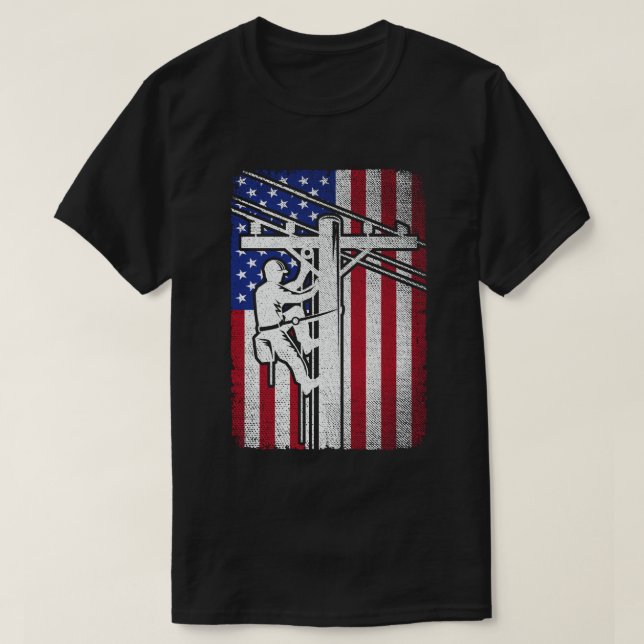 Lineman American Flag Electric Cable Lineworker  T-Shirt (Design Front)