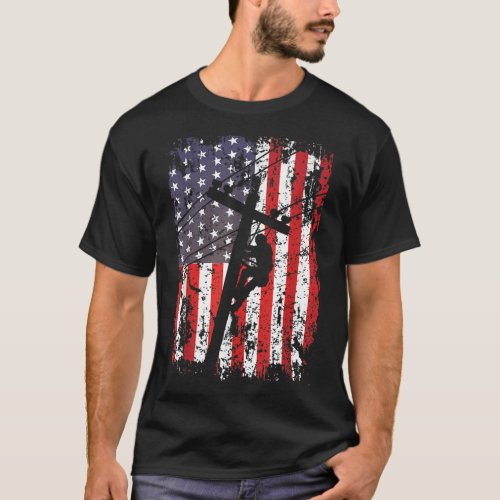Lineman American Flag USA Patriotic Lineman Gift L T_Shirt