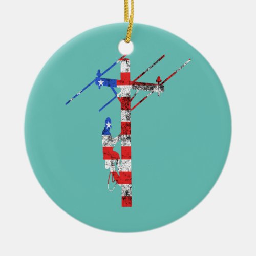 Lineman American Usa 4th July Electrician Cable Ceramic Ornament