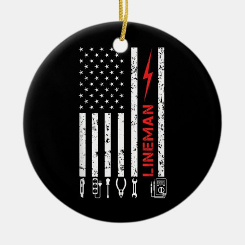 Lineman Patriotic American USA Flag Electrician  Ceramic Ornament