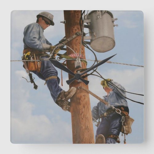 lineman team working in pole clock