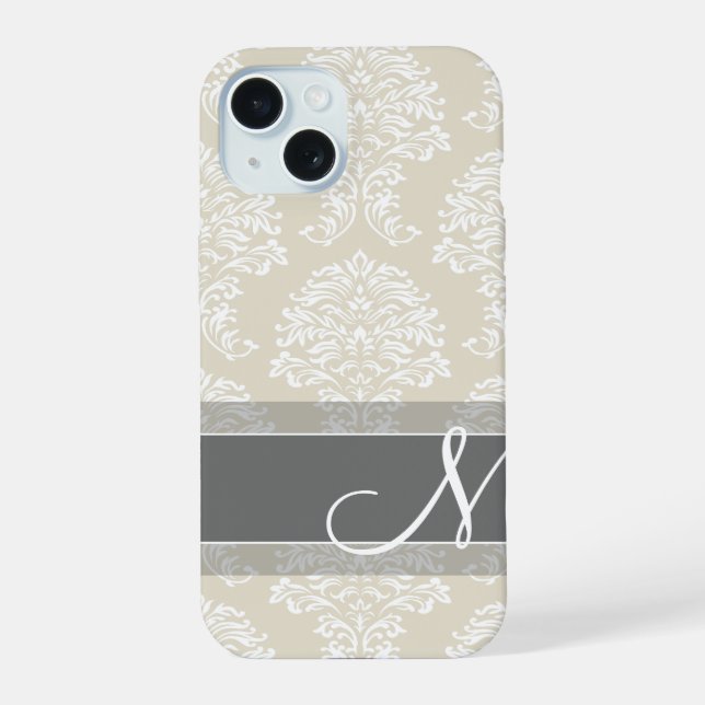 Linen and Charcoal Damask Pattern with Monogram Iphone Case (Back)