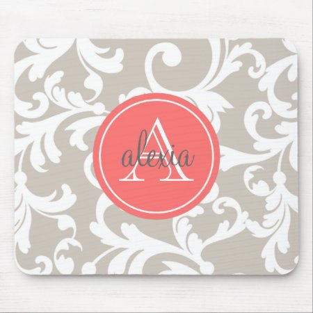 Linen And Coral Monogrammed Damask Print Mouse Pad