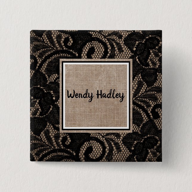 Linen and lace customizable name button (Front)