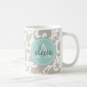 Linen And Mint Monogrammed Damask Print Coffee Mug by Letsrendevoo at Zazzle