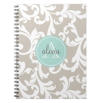 Linen And Mint Monogrammed Damask Print Notebook by Letsrendevoo at Zazzle