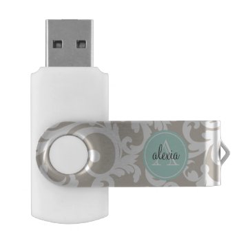 Linen And Mint Monogrammed Damask Usb Flash Drive by Letsrendevoo at Zazzle