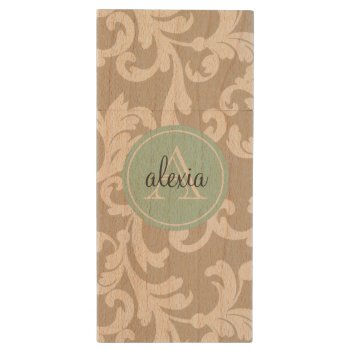 Linen And Mint Monogrammed Damask Wood Flash Drive by Letsrendevoo at Zazzle