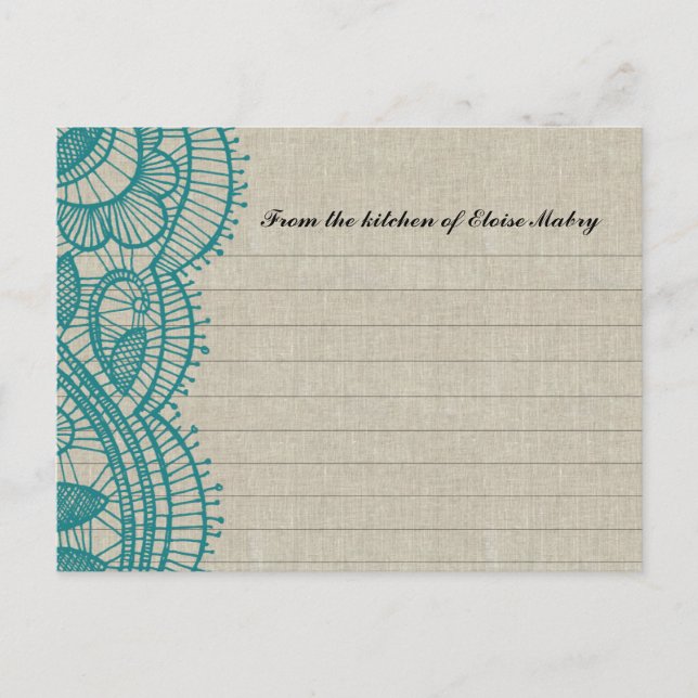Linen and Teal Lace Personalized Recipe Cards (Front)