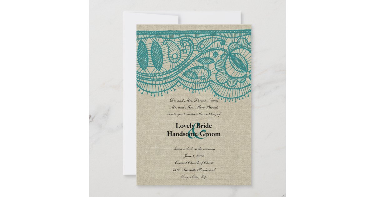 Linen and Teal Lace Wedding Invitation Zazzle