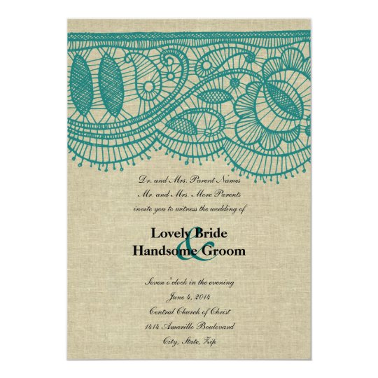 Linen and Teal Lace Wedding Invitation Zazzle