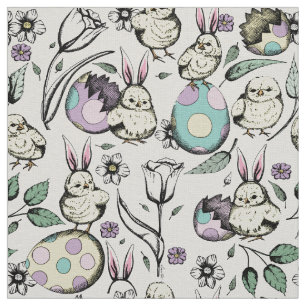 Linen Baby Chicks, Bunny Ears, Flowers & Eggs Fabric
