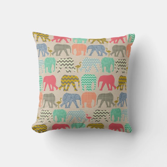 linen baby elephants and flamingos throw pillow (Front)