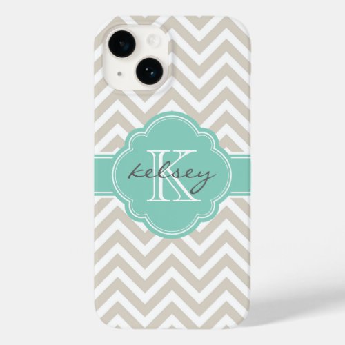 Linen Beige and Aqua Chevron Custom Monogram Case_Mate iPhone 14 Case