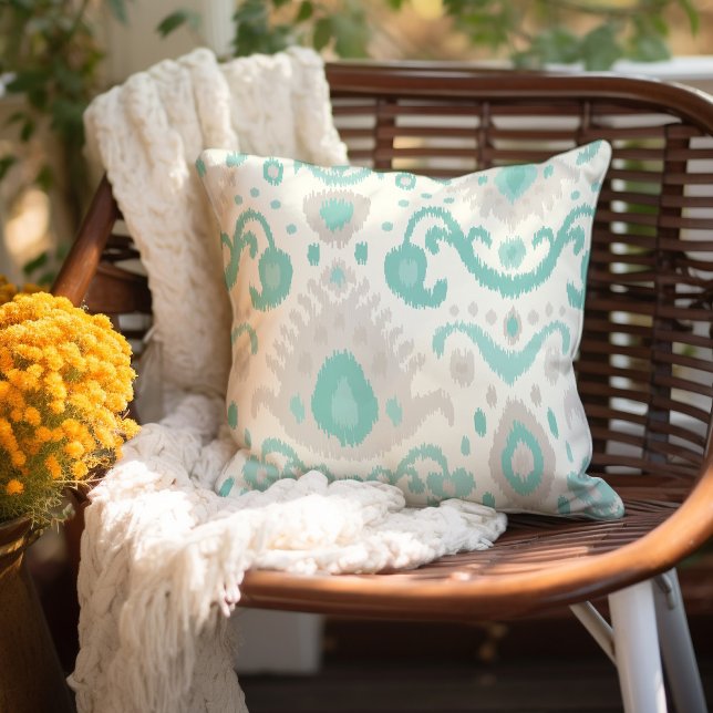 Linen Beige and Aqua Ikat Print Throw Pillow (Creator Uploaded)