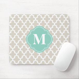 Linen Beige and Aqua Moroccan Custom Monogram Mouse Pad