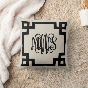 Linen Beige and Black Greek Key Script Monogram Throw Pillow