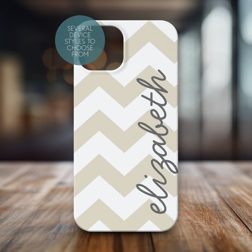 Linen Beige and Charcoal Chevrons and Name iPhone 15 Case