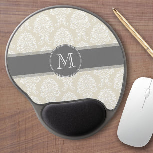 Linen Beige and Charcoal Damask Pattern Gel Mouse Pad