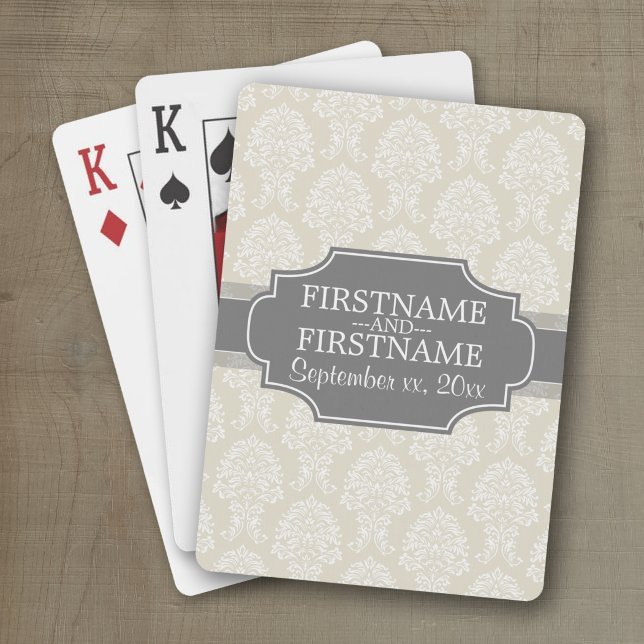 Linen Beige and Charcoal Damask Pattern Playing Cards