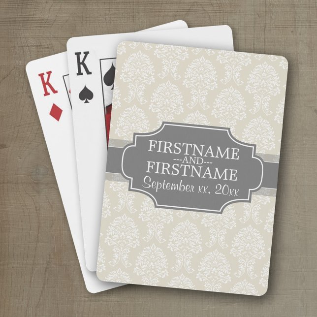 Linen Beige and Charcoal Damask Pattern Poker Cards (Wedding and Anniversary Playing Cards - Personalize with your information)