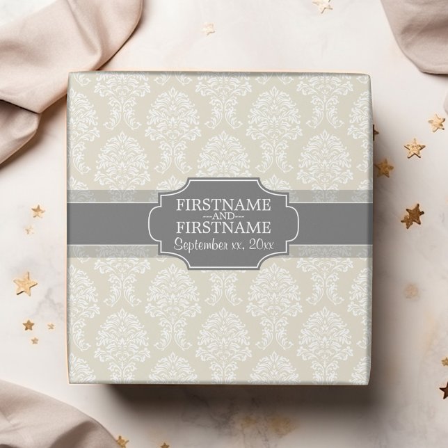 Linen Beige and Charcoal Damask Pattern Wrapping Paper (Personalized Wedding Anniversary Wrapping Paper)