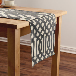 Linen Beige and Charcoal Modern Trellis Short Table Runner