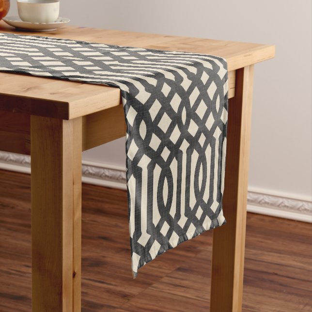 Linen Beige and Charcoal Modern Trellis Short Table Runner (In Situ)