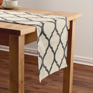 Linen Beige and Charcoal Moroccan Quatrefoil Short Table Runner