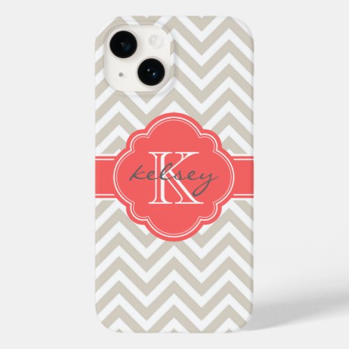 Linen Beige and Coral Chevron Custom Monogram Case_Mate iPhone 14 Case