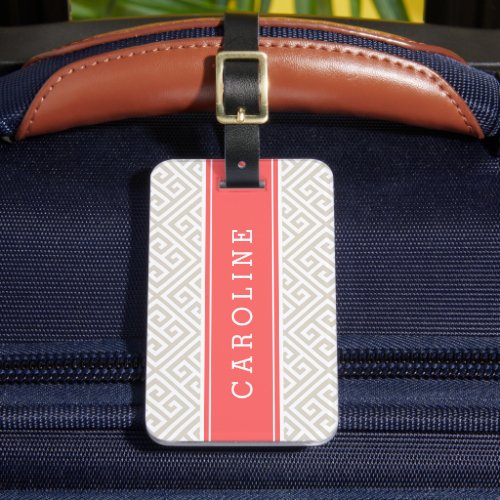 Linen Beige and Coral Greek Key Custom Monogram Luggage Tag