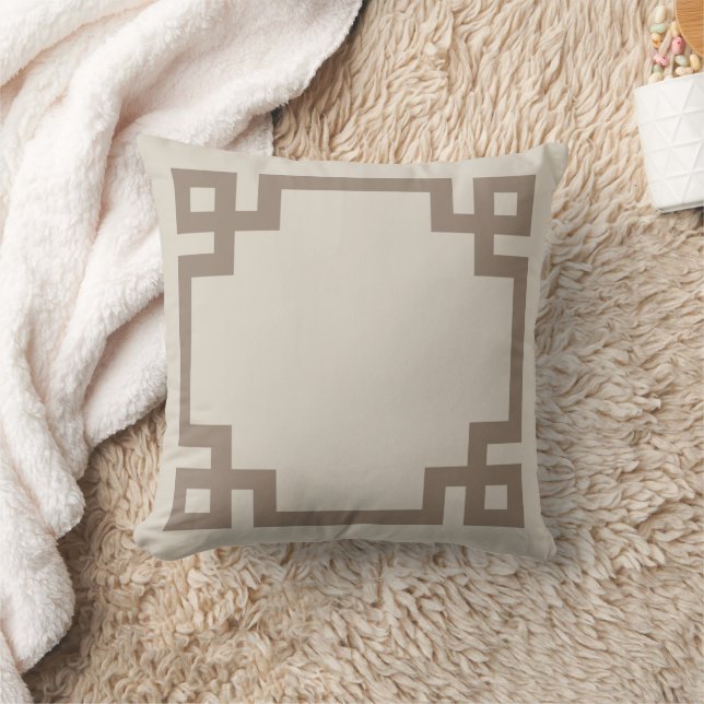 Linen Beige and Mocha Greek Key Border Throw Pillow (Blanket)