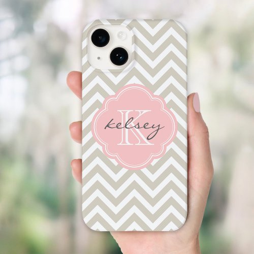 Linen Beige and Pink Chevron Custom Monogram Case_Mate iPhone 14 Case