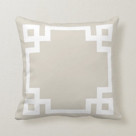 Linen Beige and White Greek Key Border Throw Pillow