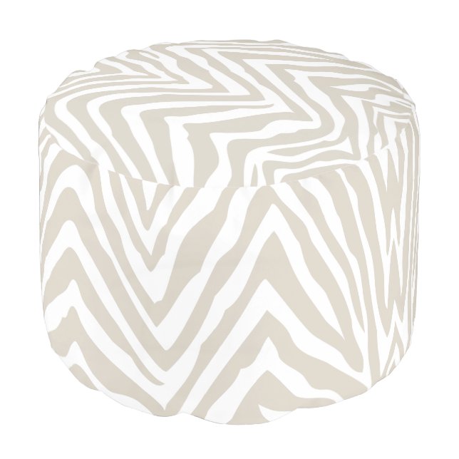 Linen Beige and White Zebra Print Pouf (Angled Front)