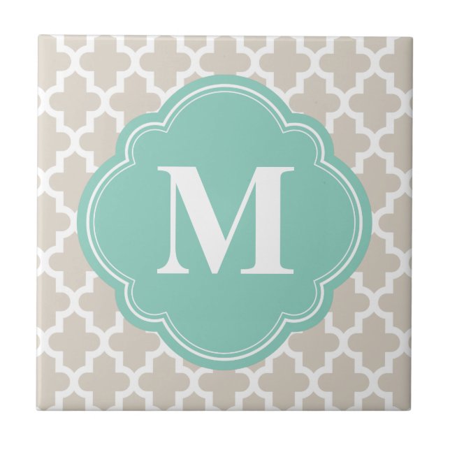 Linen Beige & Aqua Modern Moroccan Custom Monogram Ceramic Tile (Front)