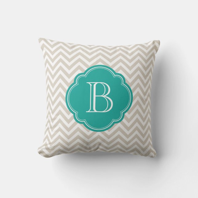 Linen Beige Chevron Custom Monogram Throw Pillow (Front)