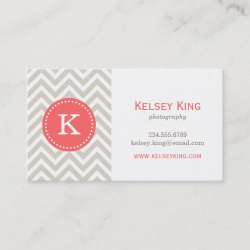 Linen Beige &amp; Coral Chevron Custom Monogram Business Card Templates