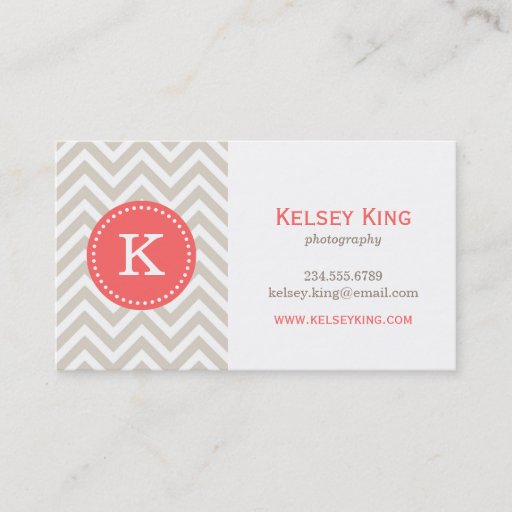 Customizable Linen Beige &amp; Coral Chevron Custom Monogram Business Card Templates