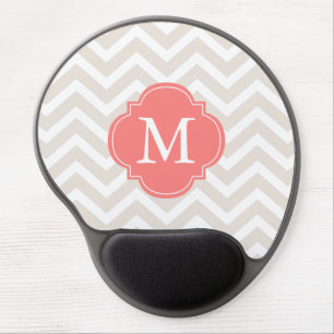 Linen Beige & Coral Zigzags Pattern Monogram Gel Mouse Pad