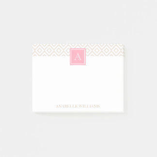 Linen Beige Diamonds and Pink Monogram Post-it Notes