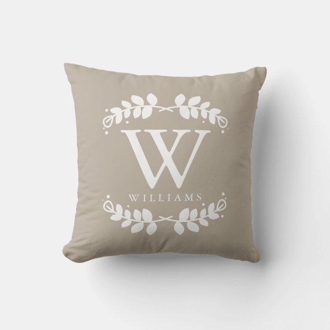 Linen Beige Elegant Monogram Throw Pillow (Front)