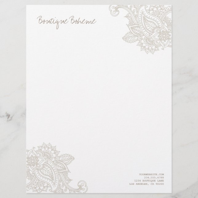 Linen Beige Illustrated Bohemian Paisley Henna Letterhead (Front)